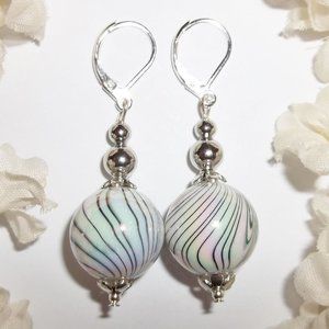 Cream & Grey Beaded Earrings Striped Handmade Jewelry Dangle Drop Gray Set 5503